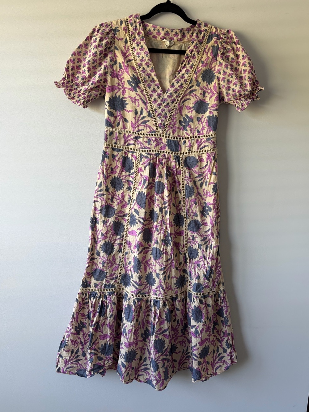 DRA Los Angeles Floral Cotton Midi Dress Puff Sleeve Cottagecore Boho Size S